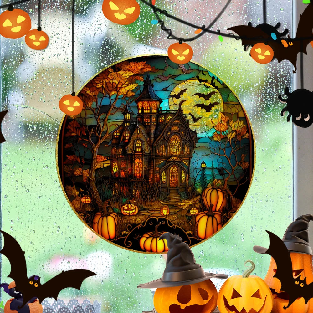 Halloween PVC Static Glass Stickers Scary Castle Cat Glass Stickers Non Adhesive Removable Party Home Decorations