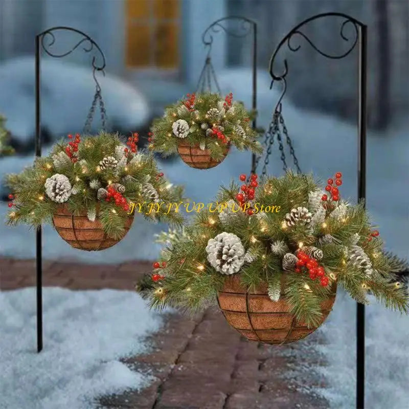 Pre-Lit Artificial Christmas Hanging Basket, Outdoor Decoration with Pine Red Berries Pinecones, Festive Hanging Planter with