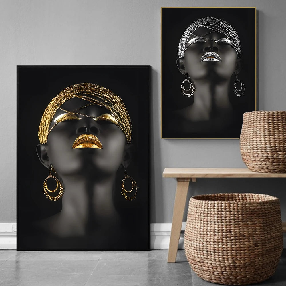 African Woman Home Background Wall Art Canvas Painting Gold And Silver Jewelry In Hand Poster Prints Pictures Room Decor Murals