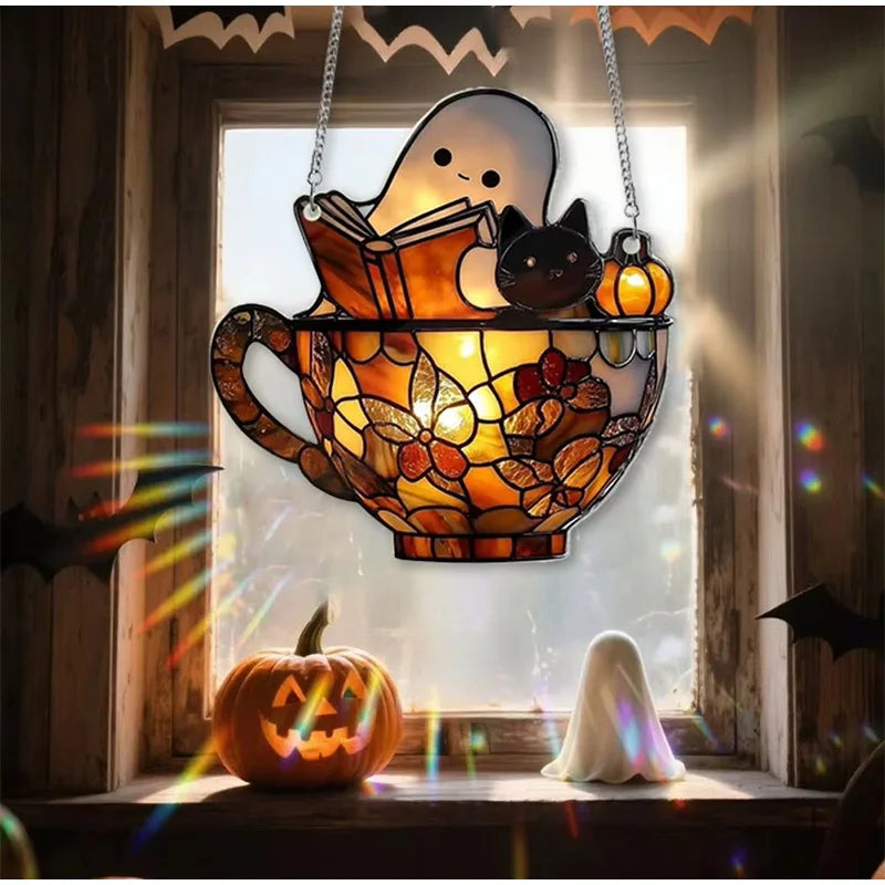 Halloween Ghost Reading Book Hanging Decor Acrylic Window Hanging Ornament Garden Decoration Props Halloween Party Decoration