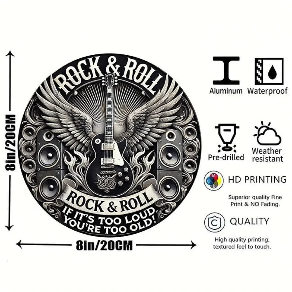 Round 2D Flat Vintage Metal Sign - Rock & Roll Guitar Band Design in Black with Wings Headphones - Perfect for Home Bar Cafe