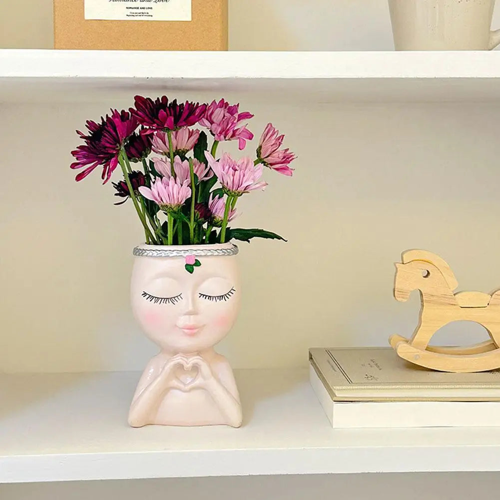 Creativity Flower Pot Resin Girl Face Planter With Drainage Hole Cute Unique Desktop Succulent Planter For Indoor Outdoor Decor