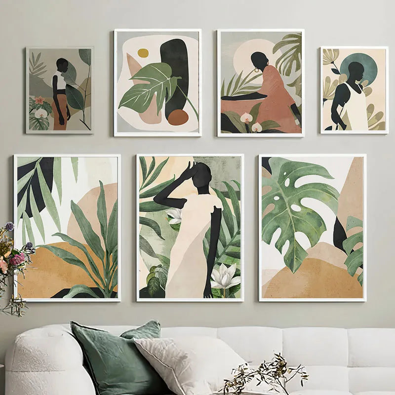 African Woman Abstract Leaves Wall Art Canvas Painting Nordic Black Girl Posters And Prints Pictures For Living Room Home Decor