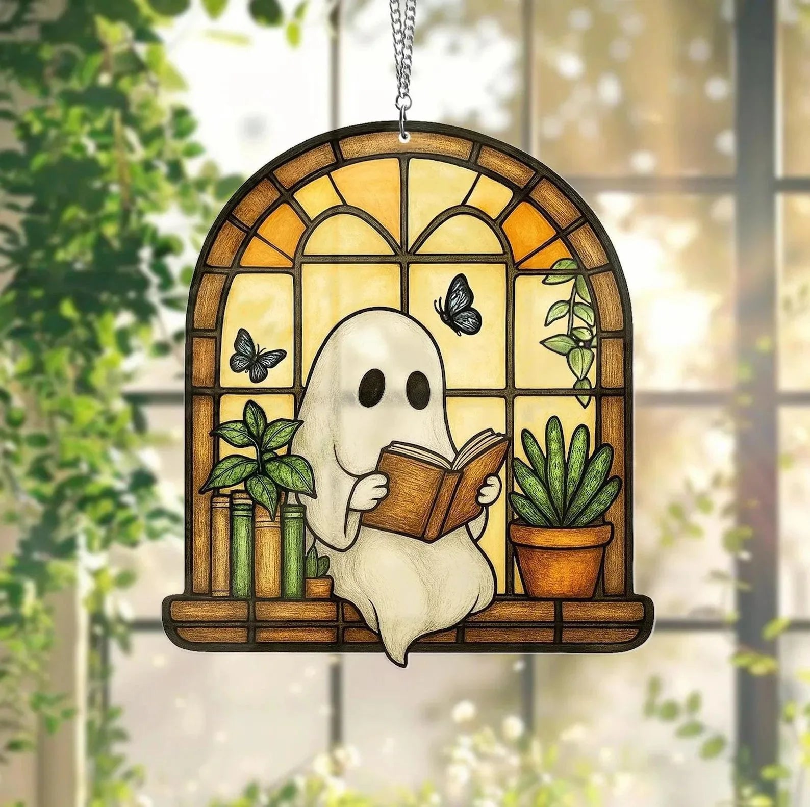 Halloween Ghost Reading Book Hanging Decor Acrylic Window Hanging Ornament Garden Decoration Props Halloween Party Decoration