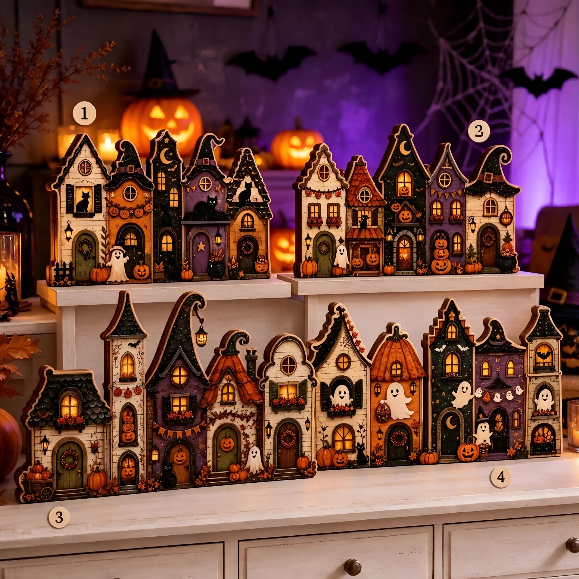 Multi layer retro wooden village sign - suitable for Halloween, Christmas, Easter desktop decoration, including pumpkin house