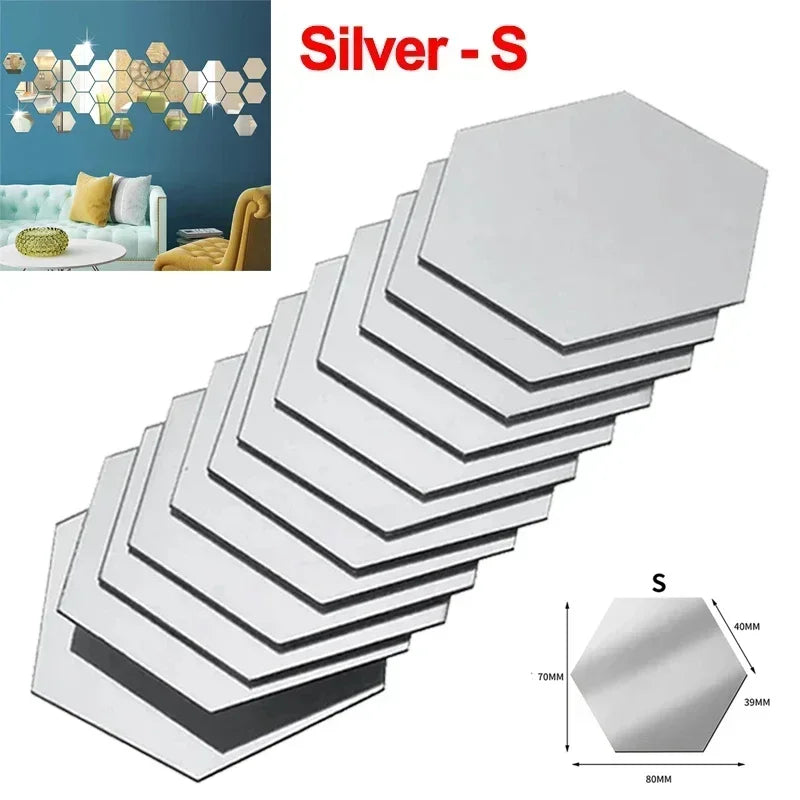 Hexagon Acrylic Mirror Wall Sticker Acrylic Adhesive Gold Silver Mosaic Tiles Removable DIY Bedroom Bathroom (5pcs)