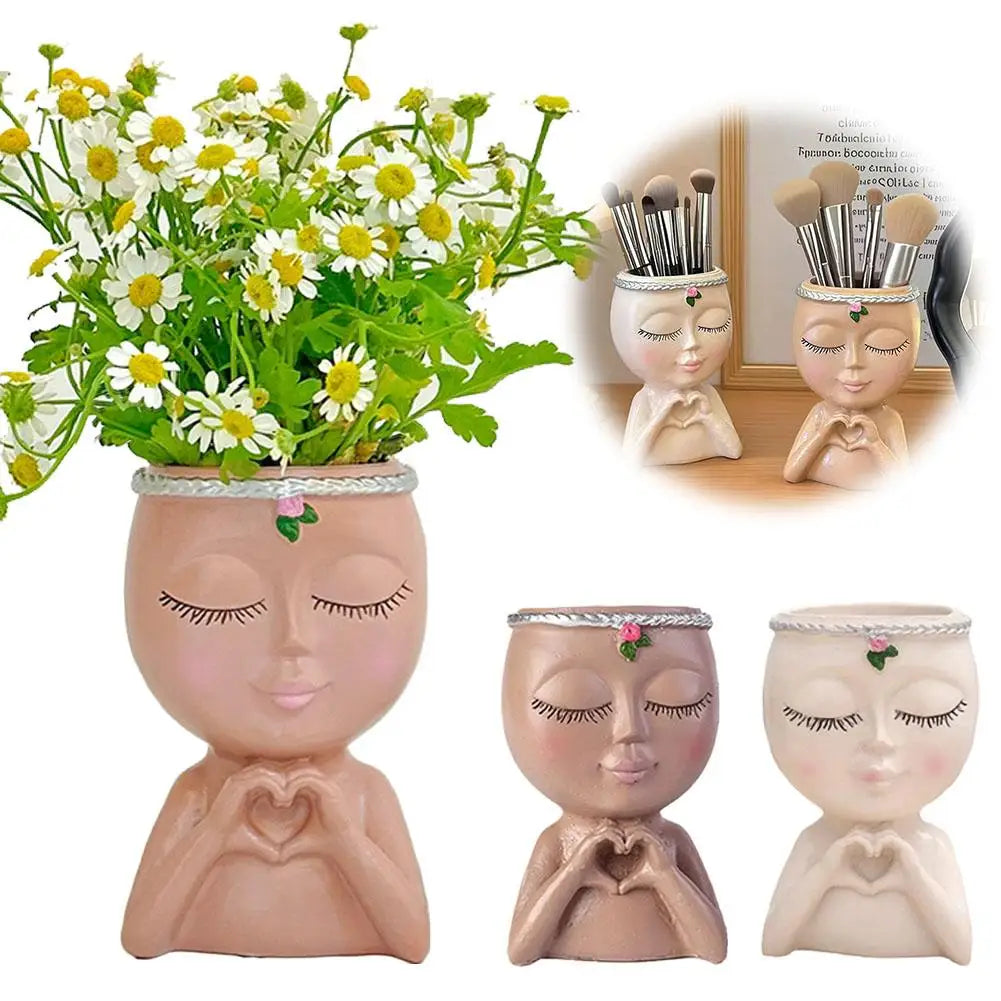 Creativity Flower Pot Resin Girl Face Planter With Drainage Hole Cute Unique Desktop Succulent Planter For Indoor Outdoor Decor