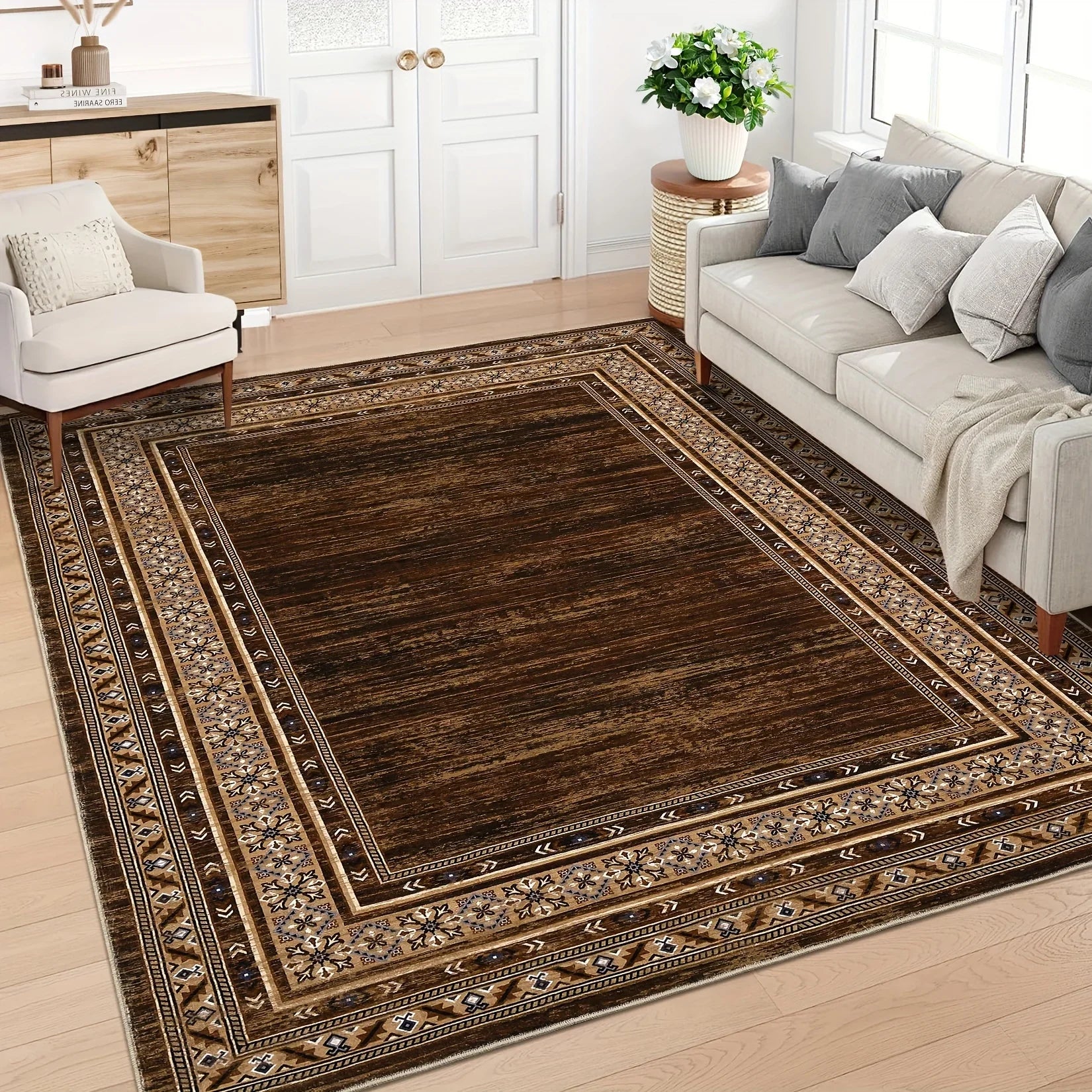 Black Luxury Chenille Mat Bohemian Floral Persian Mat Machine Washable Living Room Bedroom Entryway Black Boho Floor Mats (2)