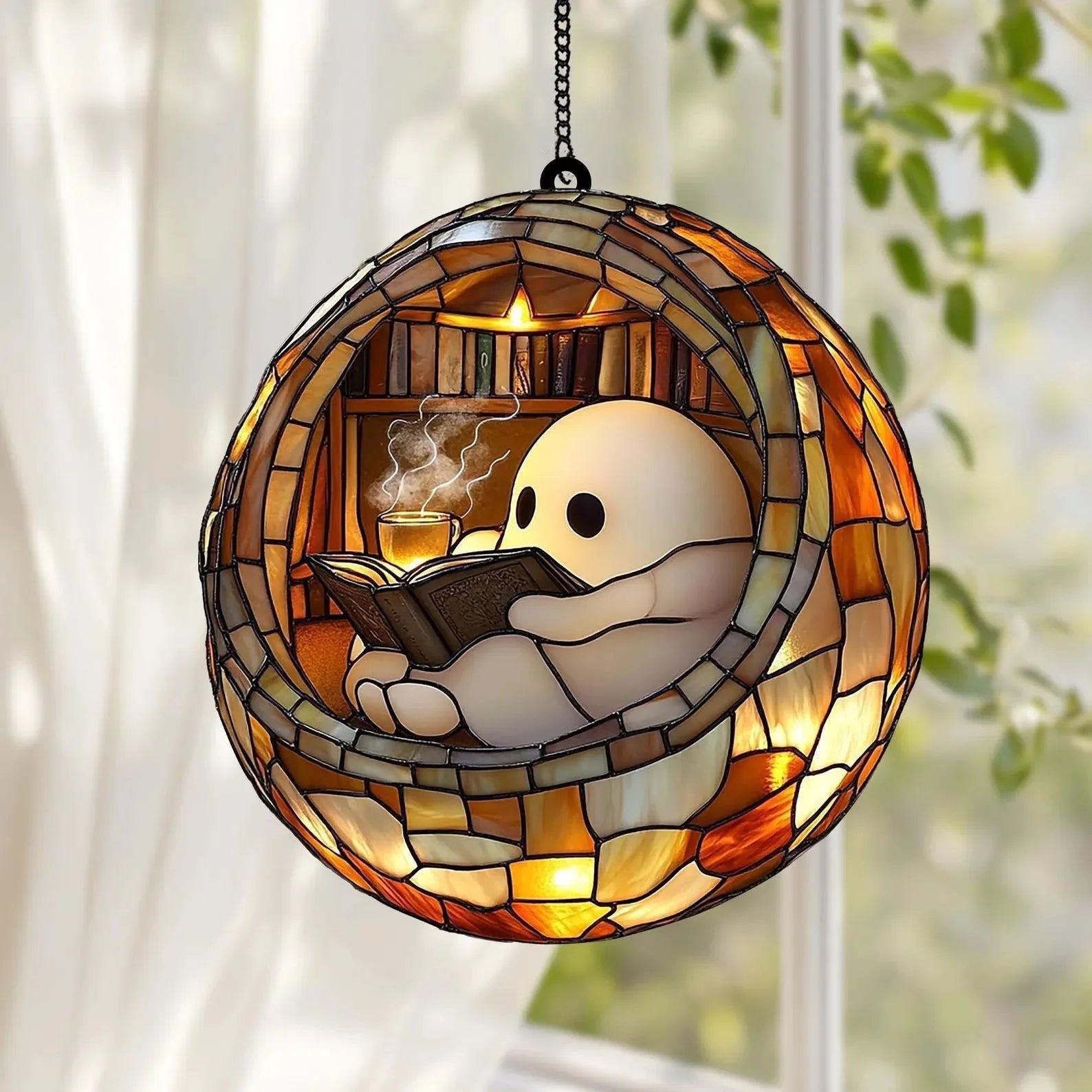 Halloween Ghost Reading Book Hanging Decor Acrylic Window Hanging Ornament Garden Decoration Props Halloween Party Decoration