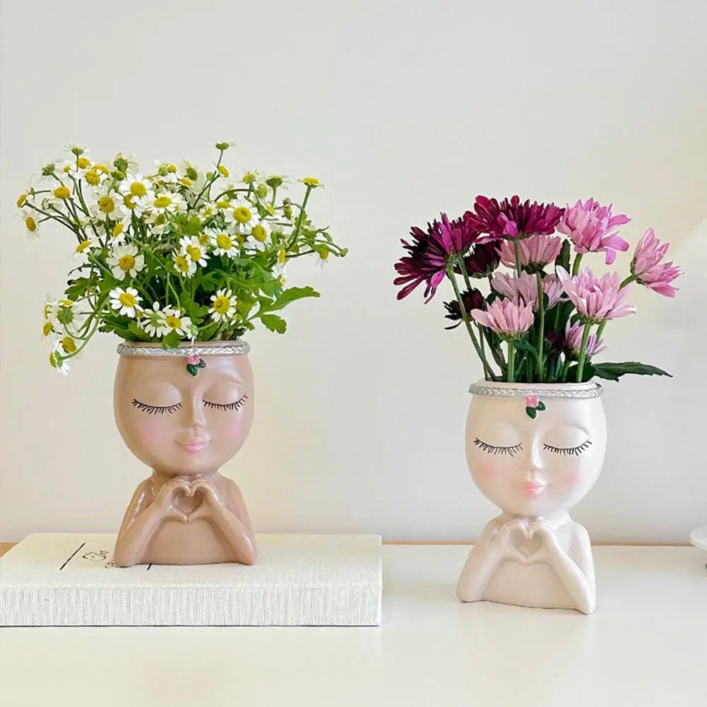 Creativity Flower Pot Resin Girl Face Planter With Drainage Hole Cute Unique Desktop Succulent Planter For Indoor Outdoor Decor