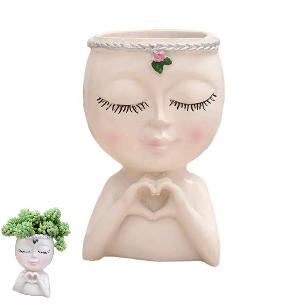 Creativity Flower Pot Resin Girl Face Planter With Drainage Hole Cute Unique Desktop Succulent Planter For Indoor Outdoor Decor