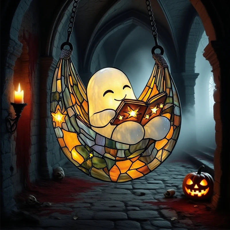 Halloween Ghost Reading Book Hanging Decor Acrylic Window Hanging Ornament Garden Decoration Props Halloween Party Decoration