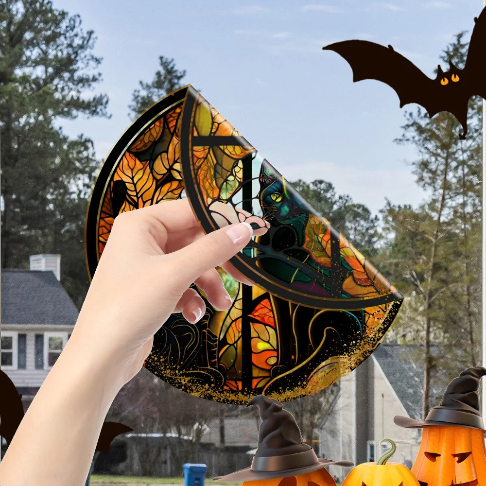 Halloween PVC Static Glass Stickers Scary Castle Cat Glass Stickers Non Adhesive Removable Party Home Decorations