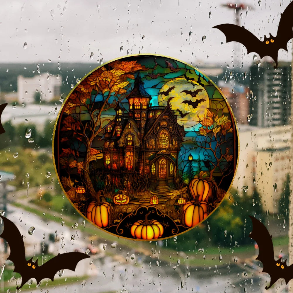 Halloween PVC Static Glass Stickers Scary Castle Cat Glass Stickers Non Adhesive Removable Party Home Decorations