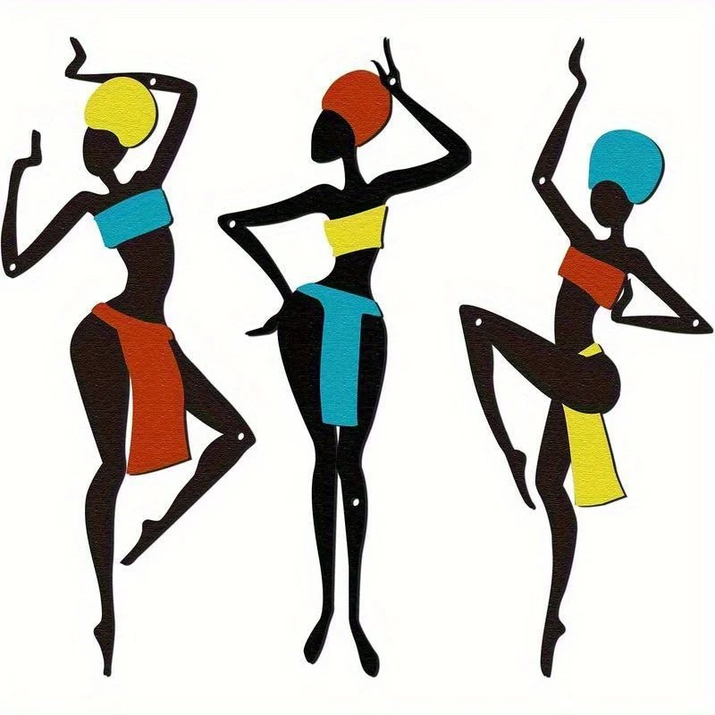 3 Pieces of African Metal Wall Art - Ethnic Dance Style Silhouette Art, Maximalist Hanging Decoration, Unique Wall Sculpture Gift, Geometric Patterns, Iron Material, Horizontal Orientation, Suitable for Living Room, Christmas