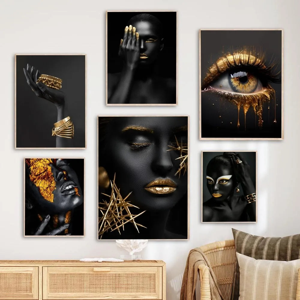 1PC Modern Black Gold African Woman Portrait Poster Paper Print Home Living Room Bedroom Entrance Bar Restaurant Cafe Art