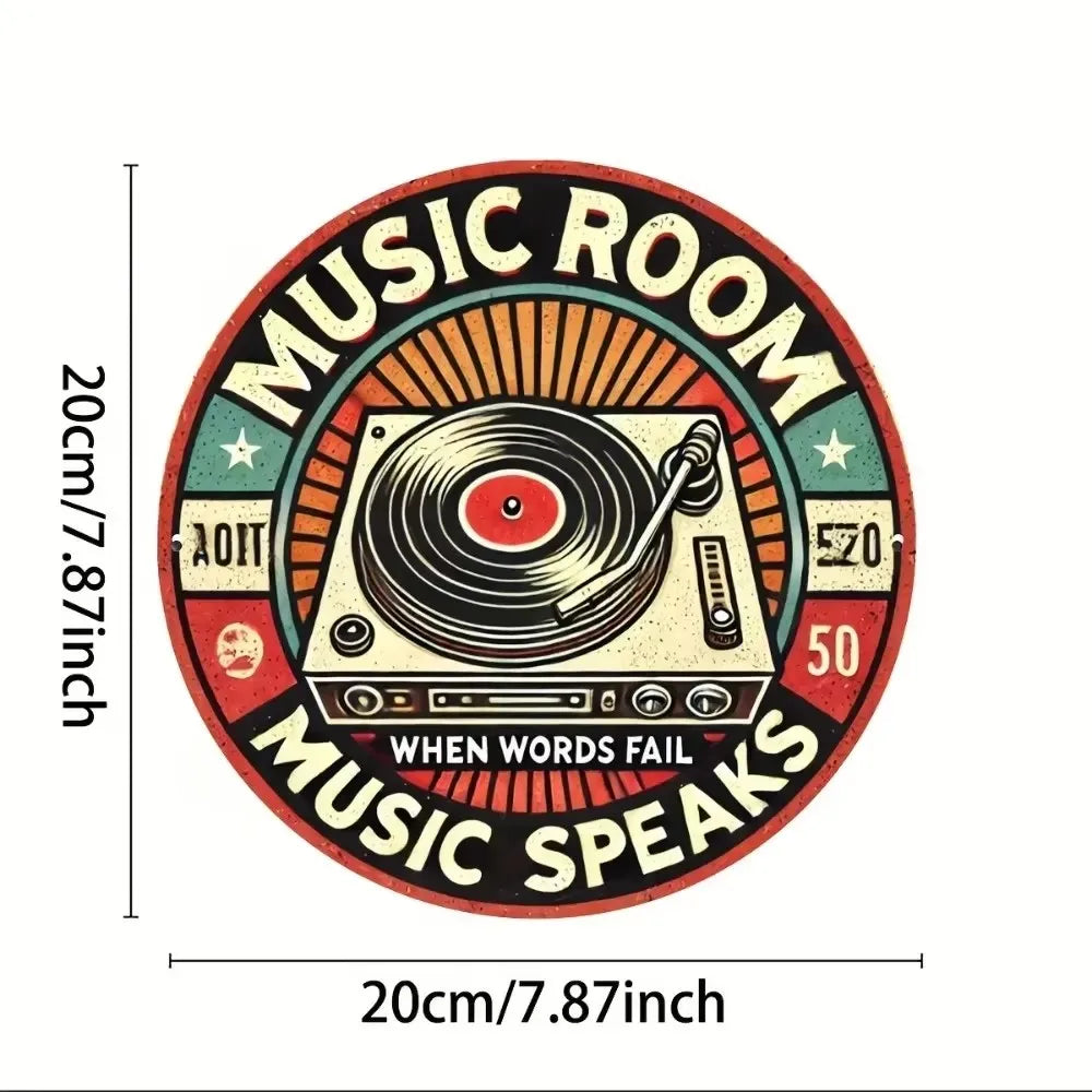 Round 2D Flat Vintage Metal Sign - Rock & Roll Guitar Band Design in Black with Wings Headphones - Perfect for Home Bar Cafe