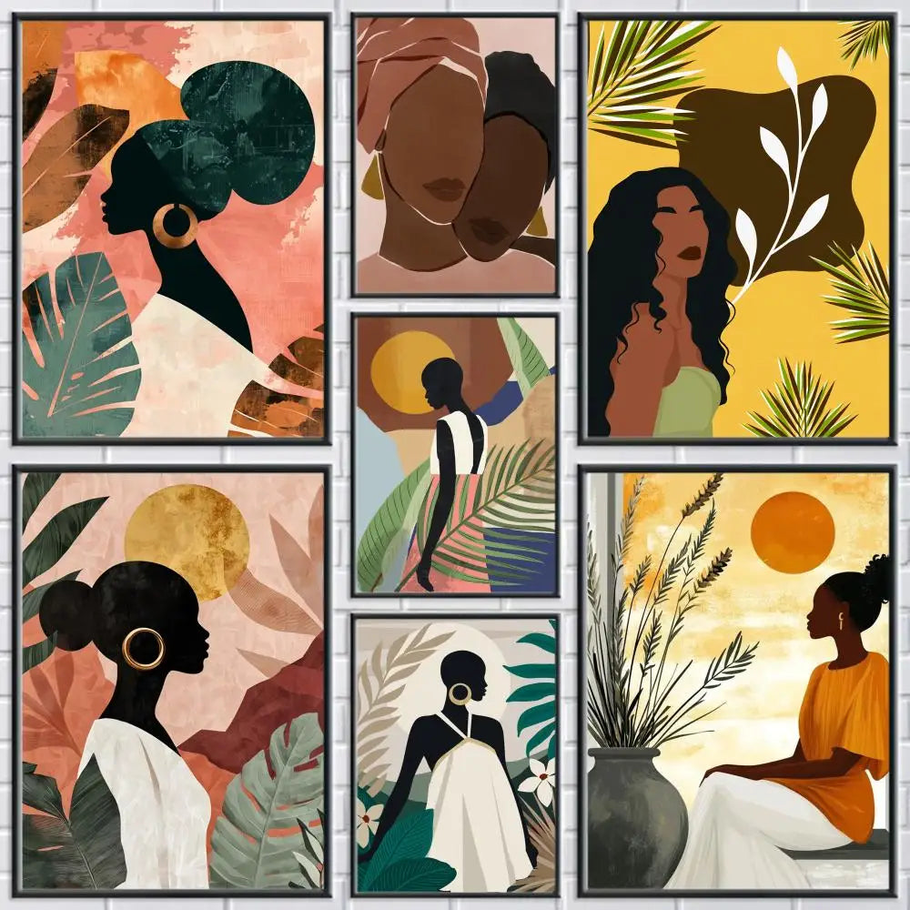 Abstract african woman flower leaves Poster Modern and Elegant Wall Stickers for Home Decor Living Room Dormitory Wall Art