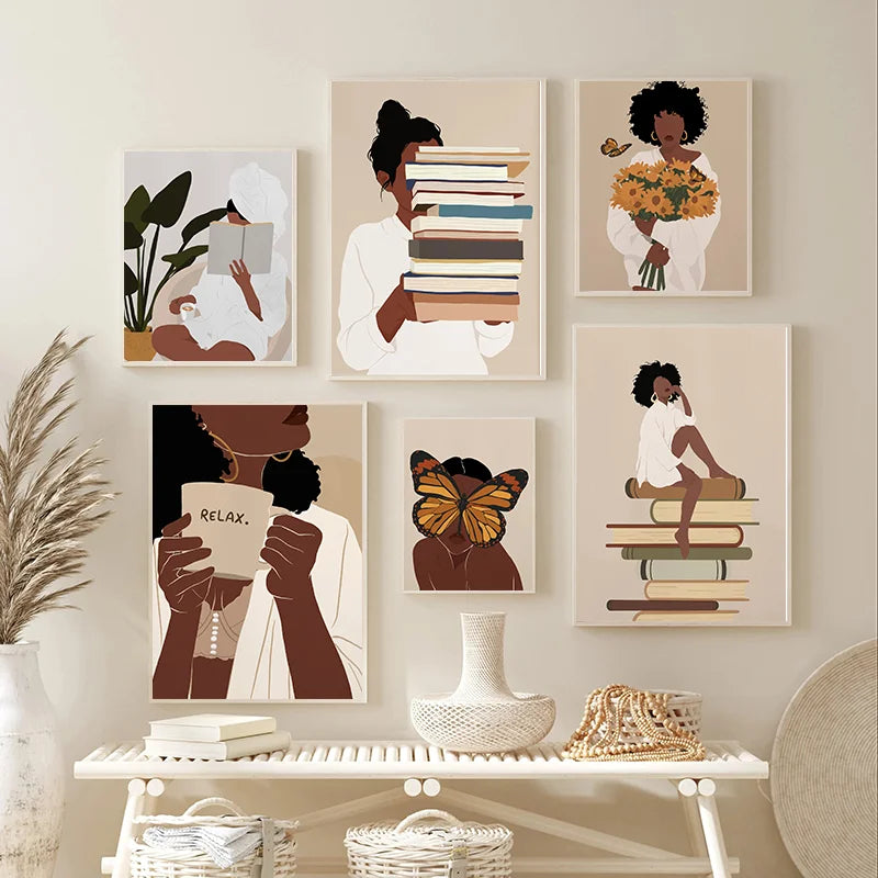 African Woman Flower Head Black Canvas Wall Art Books and Yoga Pictures Home Living Room Decor Boho Artwork Fashion Print Poster
