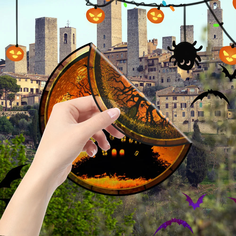Halloween PVC Static Glass Stickers Scary Castle Cat Glass Stickers Non Adhesive Removable Party Home Decorations