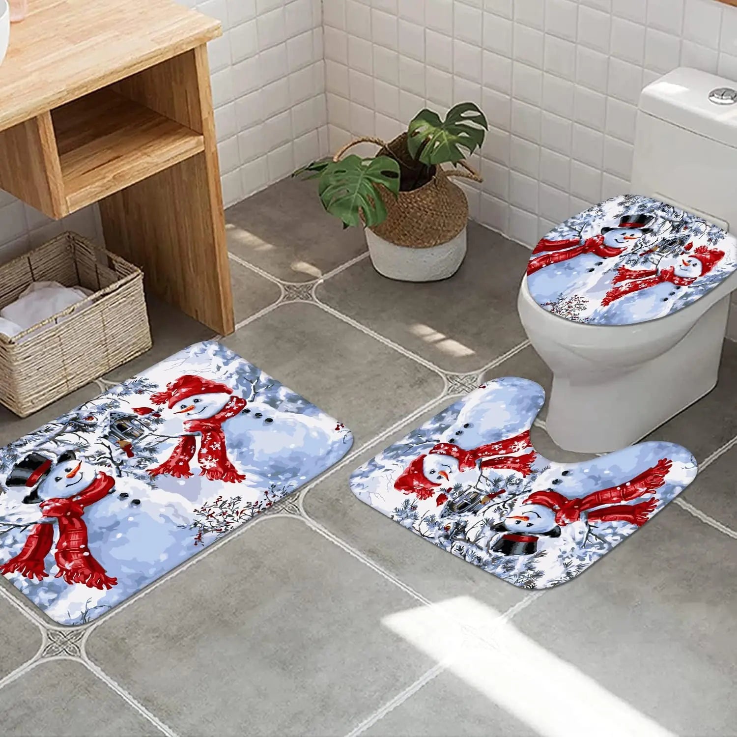 Christmas SnowmanprintingLinenShowerCurtainWaterproofBathCurtainsForBathroomBathtubLargeBathingCoverwithHooks