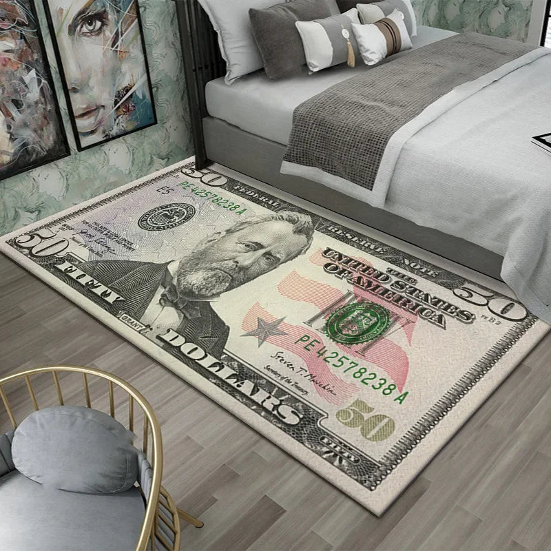VIKAMA Creative Dollar Printed Carpet Anti-Slip Bedroom Side Rug Easy to Clean Game Room Dormitory Floor Mat Home Decoration