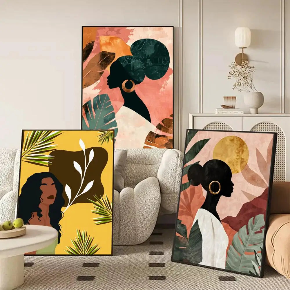 Abstract african woman flower leaves Poster Modern and Elegant Wall Stickers for Home Decor Living Room Dormitory Wall Art