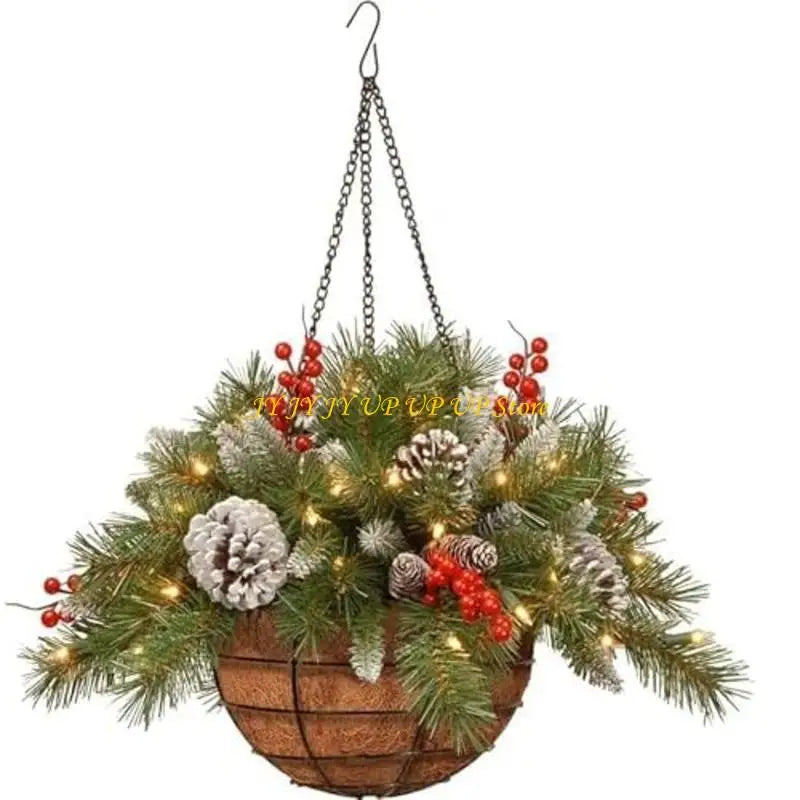 Pre-Lit Artificial Christmas Hanging Basket, Outdoor Decoration with Pine Red Berries Pinecones, Festive Hanging Planter with