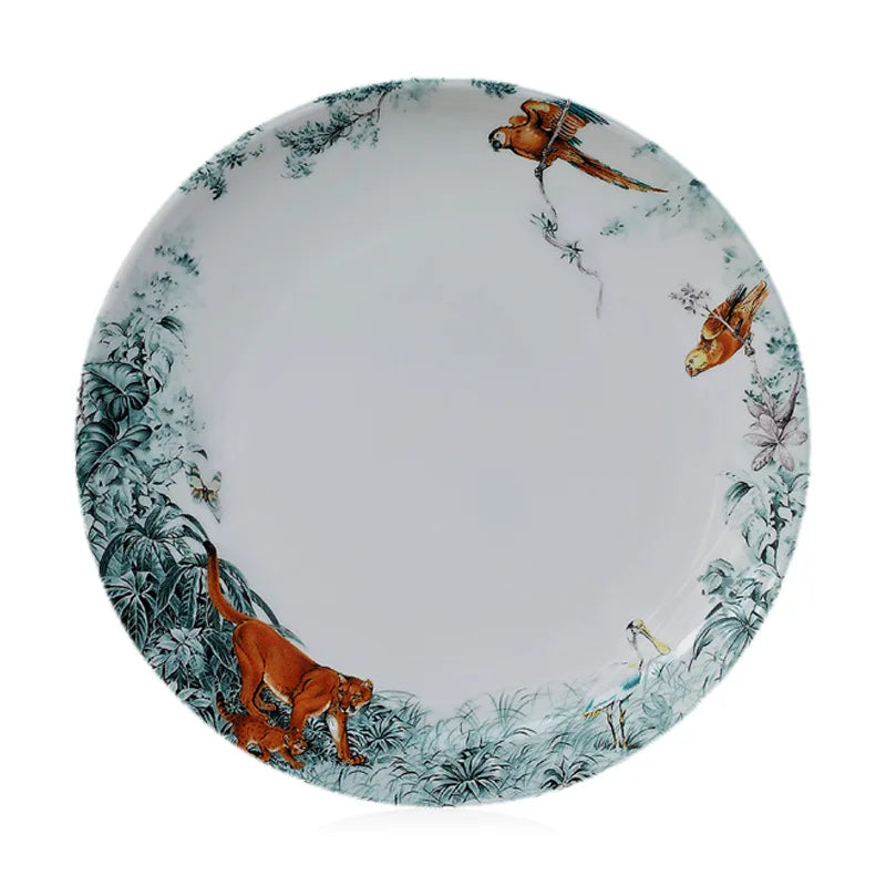 Eastern Horse Decorative Plate Plant Bird Parrot Illustration Dish Round Ceramic Tray for Home Decoration Luxury Porcelain Craft
