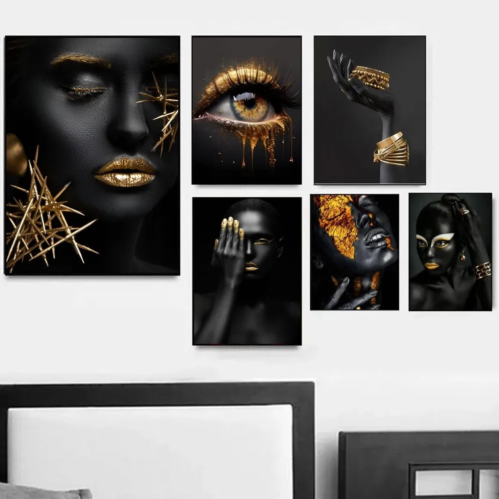 1PC Modern Black Gold African Woman Portrait Poster Paper Print Home Living Room Bedroom Entrance Bar Restaurant Cafe Art
