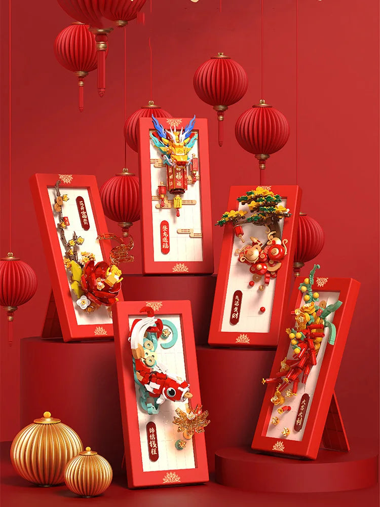 Creative China New Year Building Block Home Furnishings Assemble Brick Dragon Koi Carp Maroon Orange Educational Toys For Gifts