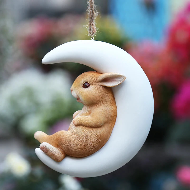 Resin Handicraft Ornaments Cartoon Pendant Garden Courtyard Hanging Decoration Moon Rabbit Home Furnishing