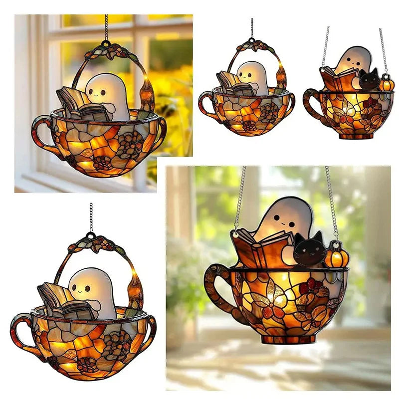 Halloween Ghost Reading Book Hanging Decor Acrylic Window Hanging Ornament Garden Decoration Props Halloween Party Decoration