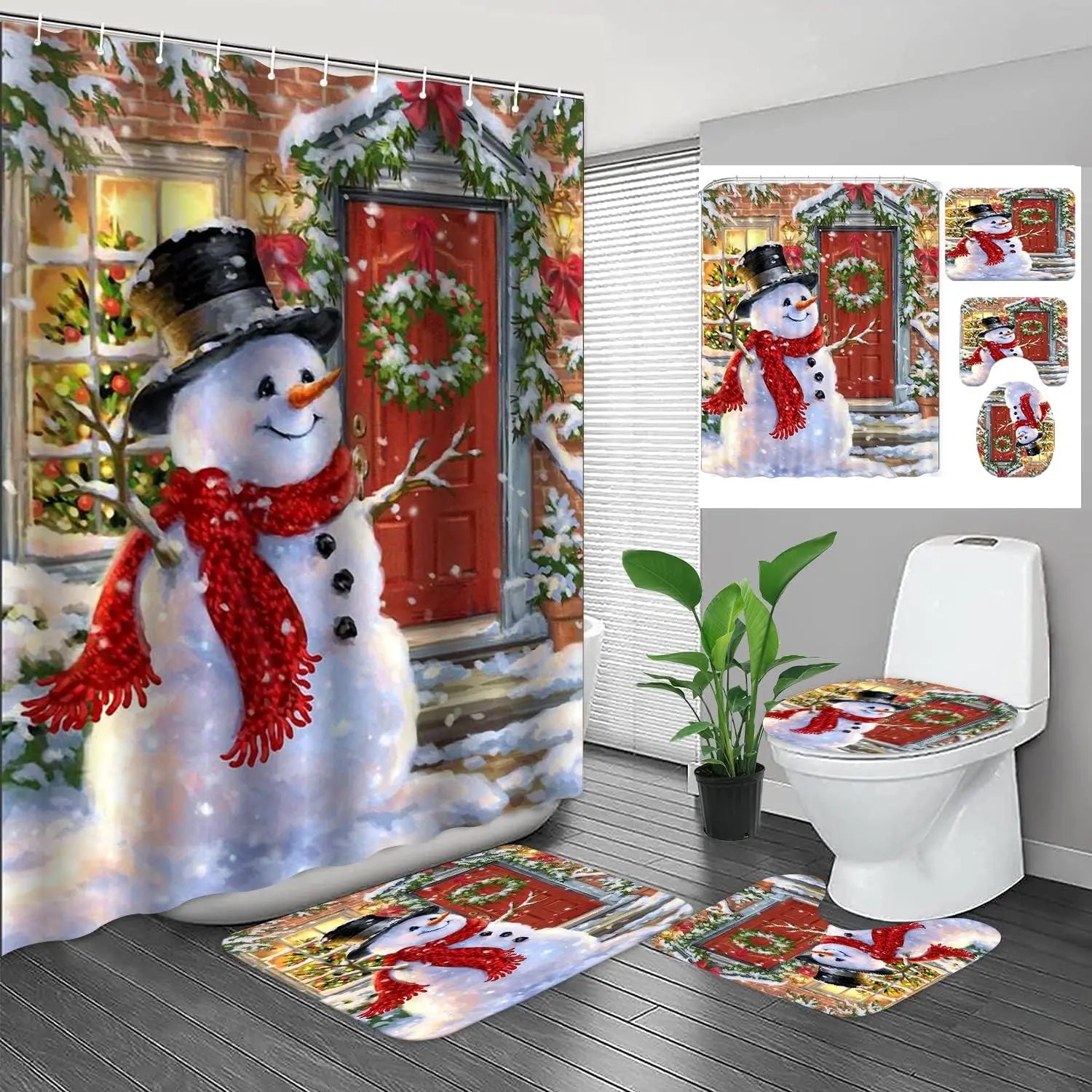 Christmas SnowmanprintingLinenShowerCurtainWaterproofBathCurtainsForBathroomBathtubLargeBathingCoverwithHooks