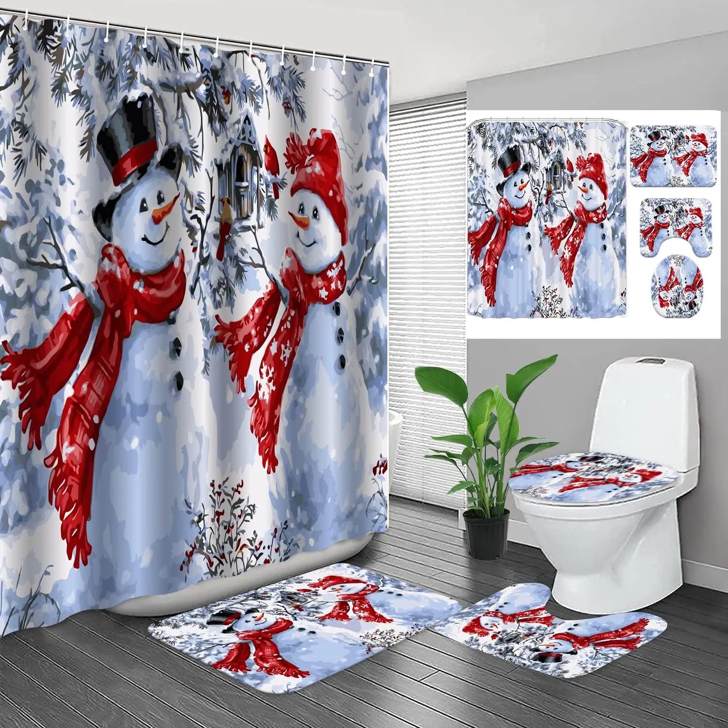 Christmas SnowmanprintingLinenShowerCurtainWaterproofBathCurtainsForBathroomBathtubLargeBathingCoverwithHooks
