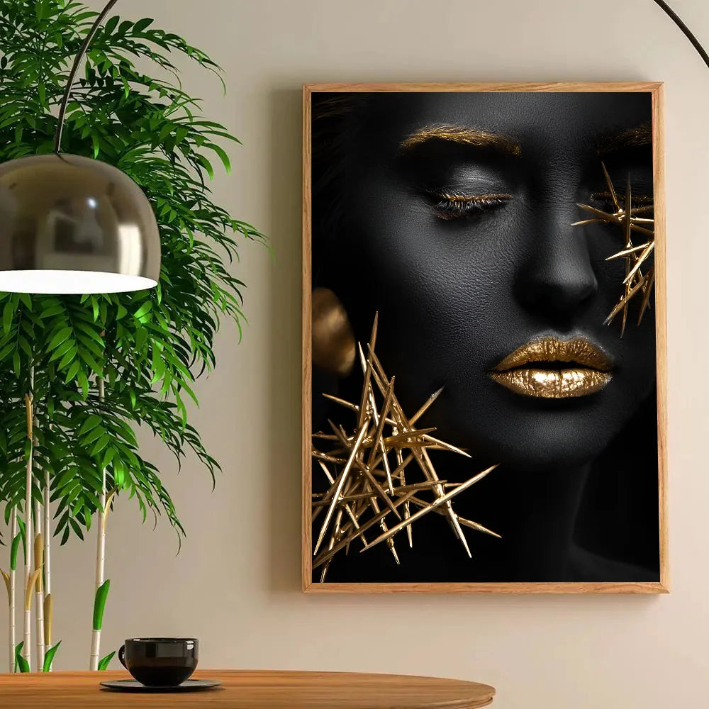 1PC Modern Black Gold African Woman Portrait Poster Paper Print Home Living Room Bedroom Entrance Bar Restaurant Cafe Art