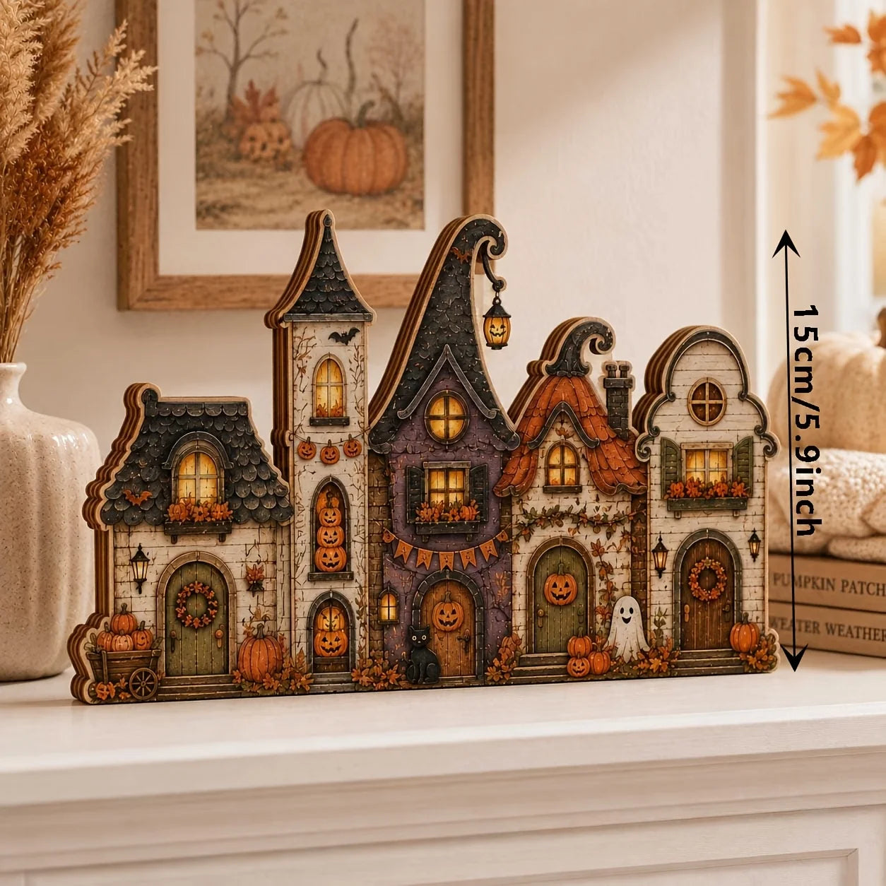 Multi layer retro wooden village sign - suitable for Halloween, Christmas, Easter desktop decoration, including pumpkin house
