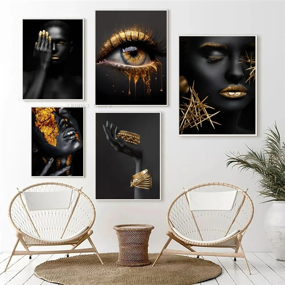 1PC Modern Black Gold African Woman Portrait Poster Paper Print Home Living Room Bedroom Entrance Bar Restaurant Cafe Art
