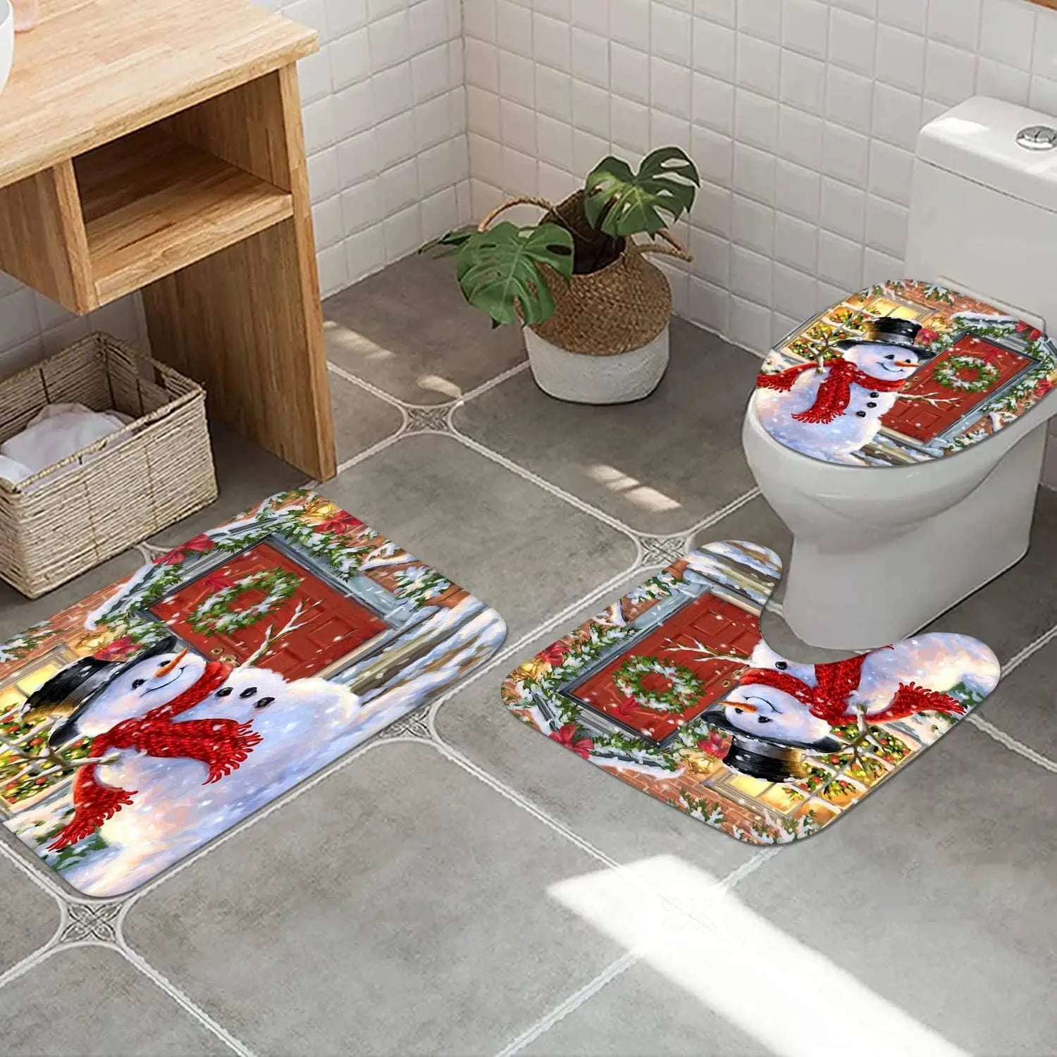 Christmas SnowmanprintingLinenShowerCurtainWaterproofBathCurtainsForBathroomBathtubLargeBathingCoverwithHooks