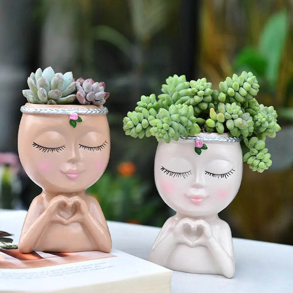 Creativity Flower Pot Resin Girl Face Planter With Drainage Hole Cute Unique Desktop Succulent Planter For Indoor Outdoor Decor