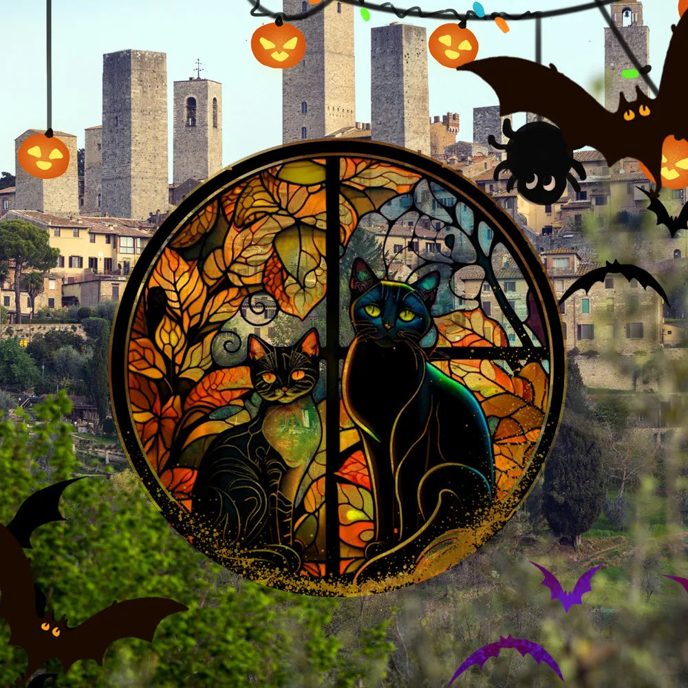 Halloween PVC Static Glass Stickers Scary Castle Cat Glass Stickers Non Adhesive Removable Party Home Decorations