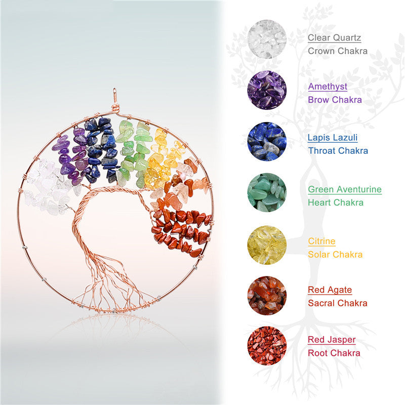 Seven Crystal Rose Gold Tree Of Life Pendant Agate Wind Chimes Chakra Pendant Amethyst Wall Decoration