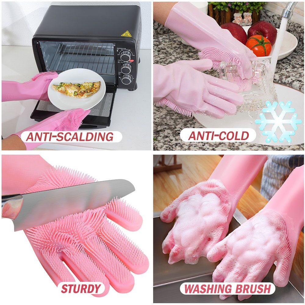 Silicone Gloves Magic Silicone Dishwashing Gloves with Scrubber Reusable Rubber Gloves for Home Kitchen Bathroom Car Washing