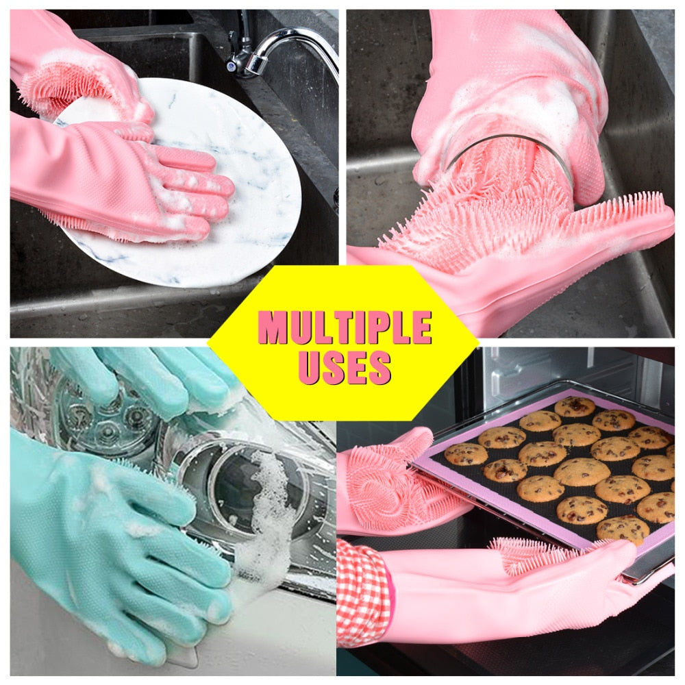 Silicone Gloves Magic Silicone Dishwashing Gloves with Scrubber Reusable Rubber Gloves for Home Kitchen Bathroom Car Washing