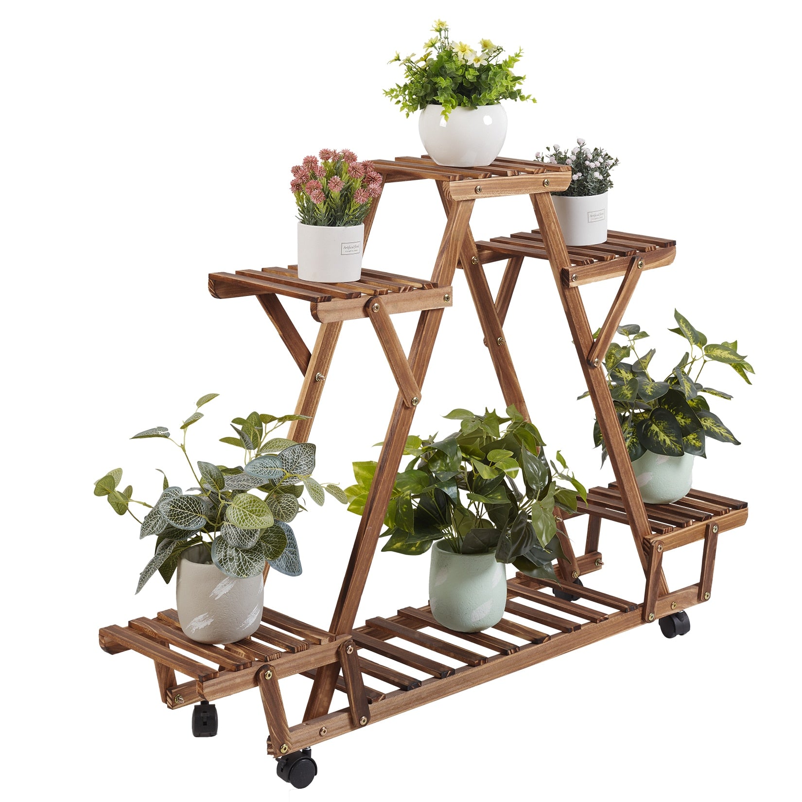 Triangular Plant Shelf 6 Potted Carbonized Wood Plant Holder Flower Pot Stand Display Storage Rack with Wheels for Garden