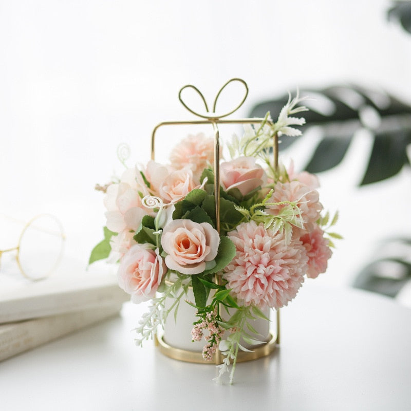 Table centerpieces artificial flowers with vase home decoration flower Pot set European Style rose Bouquet wedding Potted flower