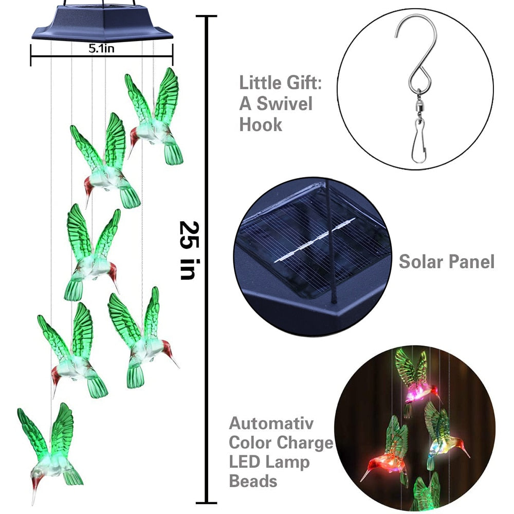 Solar Light Outdoor Powered LED Wind Chime IP65 Waterproof Butterfly Hummingbird Lawn Lamps For Garden Yard Decoration