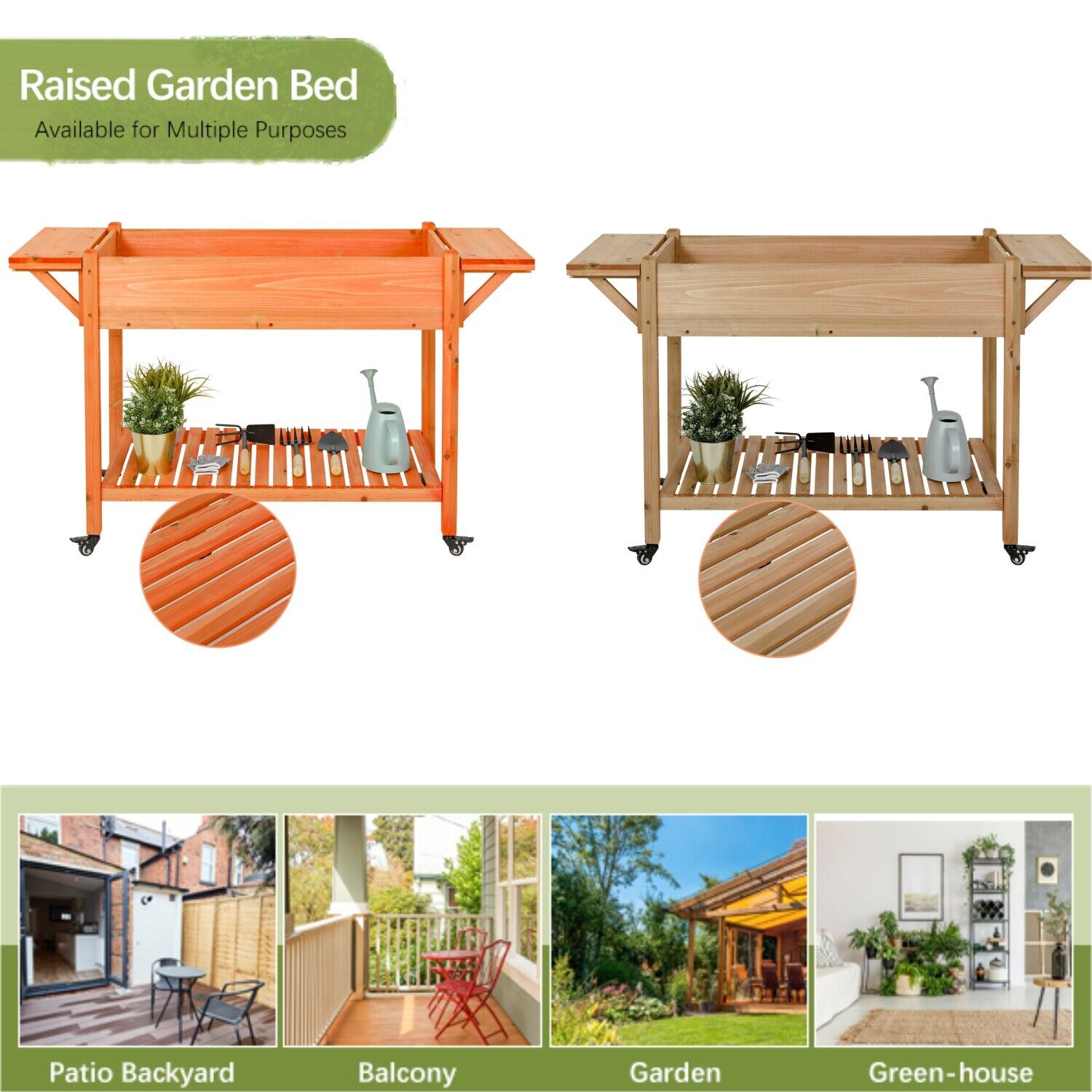 Raised Garden Bed on Wheels, Wood Planter Box W/ Side Table 2 Colors Out/ Indoor