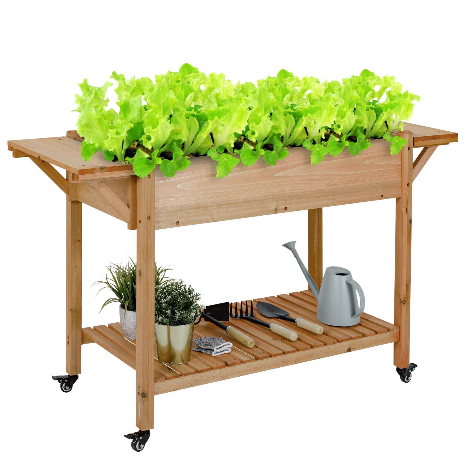 Raised Garden Bed on Wheels, Wood Planter Box W/ Side Table 2 Colors Out/ Indoor