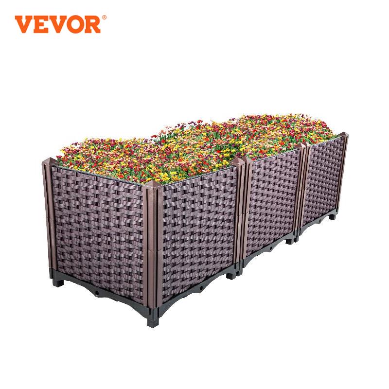 VEVOR Plastic Raised Garden Beds In/Outdoor 20.5&quot;H/14.5&quot;H Flower Box Kit Brown Rattan Style Grow Planter Care Box Set of 3/4
